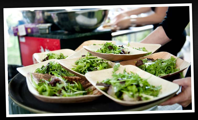 Fresh salads in wooden bowls